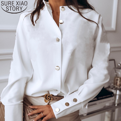 Женская рубашка с воротником-стойкой, однотонная белая или черная Свободная блузка с длинным рукавом, осень 2022 ► Фото 1/5