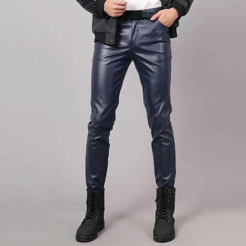 Мужские кожаные брюки бренд Thoshine весна-осень, облегающие эластичные стильные мужские модные брюки из искусственной кожи в стиле панк, брюки для косплея и танцев ► Фото 1/6