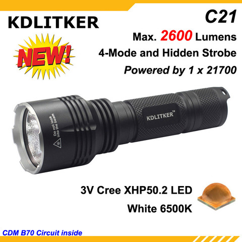 KDLITKER C21 3V Cree XHP50.2 2600 люмен 5-режимный светодиодный фонарик-черный (1x21700) ► Фото 1/6