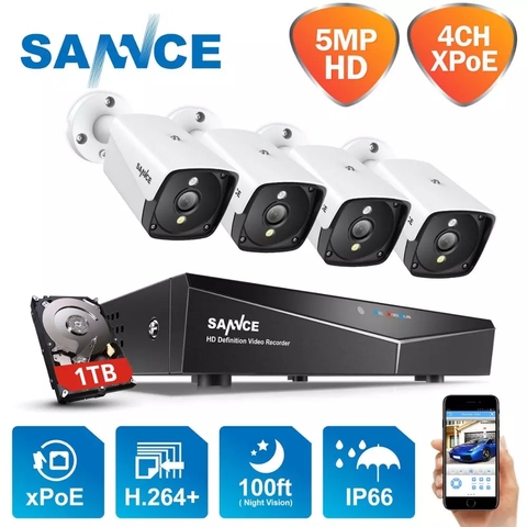 SANNCE H.264 + 4CH 5MP POE Система безопасности камера комплект 4 шт. 5MP HD IP камера Открытый водонепроницаемый CCTV видео наблюдения NVR набор ► Фото 1/6