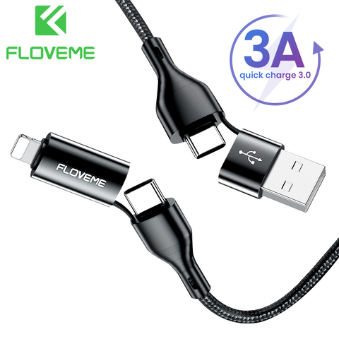 FLOVEME 4в1 кабель 3A для быстрой зарядки USB кабель для iPhone12 11 USB Type C кабель для Xiaomi Samsung Аксессуары для телефонов зарядное устройство Шнур ► Фото 1/6