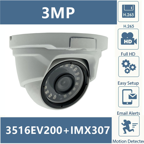 Купольная камера Sony IMX307 + 3516EV200, IP, металлическая, H.265, низкое освещение, 3 Мп, 2304*1296, 18 светодиодов, инфракрасный, IRC, CMS, XMEYE, ONVIF, P2P Cloud ► Фото 1/6