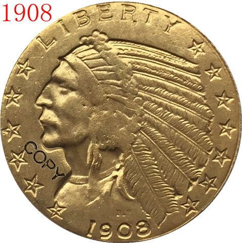 24-каратное золото с покрытием 1908 долларов, 5 золотых, индийских, фотографий ► Фото 1/3