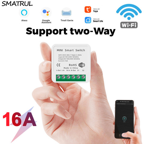 SMATRUL 16A 10A мини Tuya переключатель Wi-Fi светодиодный светильник приложение Smart Life пуш-ап модуль поддерживает связь с 2-мя способ приложения голос... ► Фото 1/6