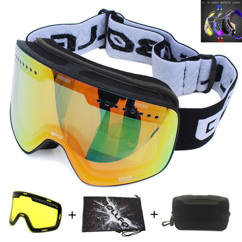 Магнитные лыжные очки с двухслойными линзами, противотуманные очки UV400 для сноуборда, лыжные очки, очки для мужчин и женщин с чехлом ► Фото 1/6