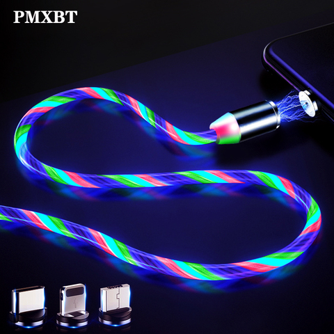 Магнитный зарядный кабель со светодиодной подсветкой, микро-USB Type-C, провод для iPhone, Android, провод для быстрой зарядки ► Фото 1/6