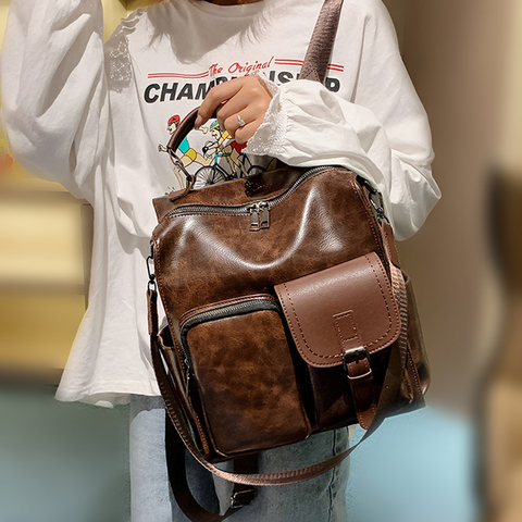 Вместительный женский рюкзак в стиле преппи из искусственной кожи, модные школьные ранцы для девочек-подростков, винтажные сумки на ремне ► Фото 1/6