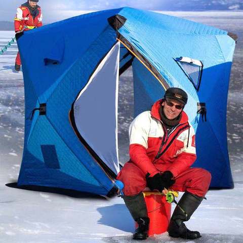 Трехслойная хлопковая непромокаемая двухдверная палатка для кемпинга, рыбалки, льда, уличная ветрозащитная теплая зимняя палатка из стекл... ► Фото 1/6