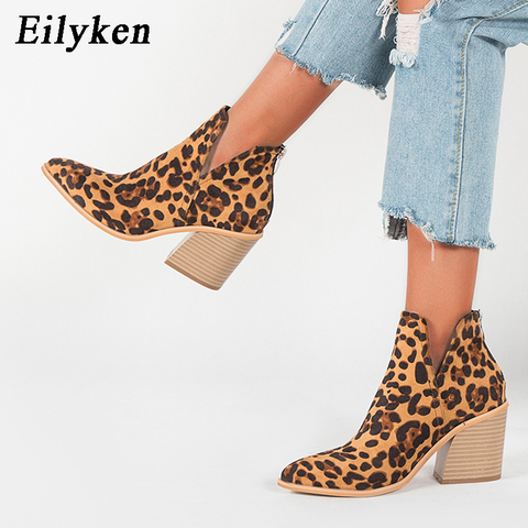 EilyKen, женские ботинки на раннюю зиму, обувь на среднем каблуке с леопардовым принтом, женские повседневные черные ботинки без шнуровки на кв... ► Фото 1/6