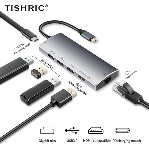 TISHRIC USB C концентратор USB Type C док-станция OTG Мульти USB 3,0 концентратора/разветвитель SD RJ45 Lan 4K HDMI совместимого адаптера для MacBook Pro Huawei ► Фото 1/6