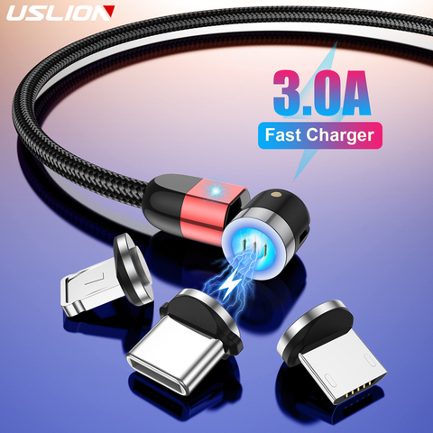 Магнитный кабель USLION 3A usb для быстрой зарядки Type-C, магнитный кабель Micro usb для iPhone 8 7 6 XS Plus Samsung Xiaomi usb c ► Фото 1/6