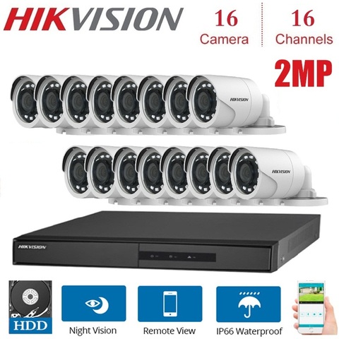 16 каналов HIKVISION английская версия DVR DS-7216HGHI-F1/N 1080P с 16 шт. 2 МП 4 в 1 наборы комнатных и уличных камер ночного видения ► Фото 1/4