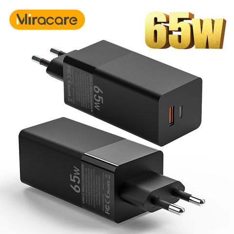 Miracare 2 порта 65 Вт GaN USB C PD настенная зарядка 65 Вт/45 Вт/20 Вт PD3.0/QC/PPS/SCP 5A кабель для USB-C ноутбуков MacBook iPhone Samsung Huawe ► Фото 1/6