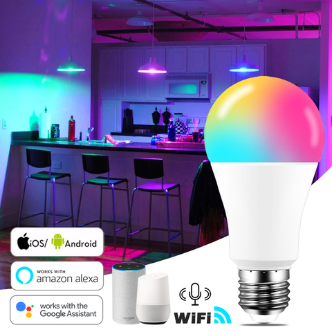 Умсветильник лампа B22 E27 с Wi-Fi, 15 Вт, светодиодная лампа RGB, работает с Alexa/Google Home, 85-265 в, RGB + белый, с регулируемой яркостью, функция таймера, волш... ► Фото 1/6