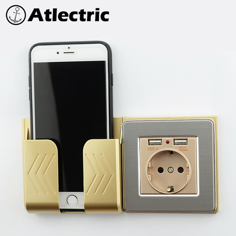 Atlectric Золотая настенная розетка ЕС FR стандартная розетка питания двойной usb зарядный порт для мобильного телефона, 86 мм * 86 мм, панель из нерж... ► Фото 1/6