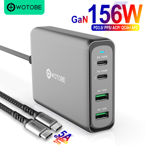 WOTOBE 156W Ган зарядное устройство USB-C адаптер питания, 4-портовый PD100W PPS 65 Вт 45 Вт QC4.0 для MacBook для iPad, iPhone, Samsung, HUAWEI, XIAOMI ноутбук ► Фото 1/6