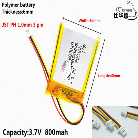 JST PH 1,0 мм 3 pin 3,7 В, 800 мАч 603040 полимер литий-ионный/литий-ионный аккумулятор для планшетных ПК банк, GPS,mp3,mp4 ► Фото 1/5