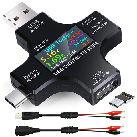 USB C тестер, 2 в 1 USB тестер цвета Sn IPS цифровой мультиметр, напряжение, ток, мощность, сопротивление, температура, с зажимом ► Фото 1/6