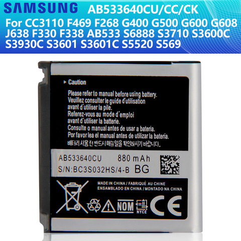 Оригинальный сменный аккумулятор SAMSUNG AB533640CC для Samsung C3110 G400 G500 F469 F268 G600 G608 J638 F330 F338, 880 мАч ► Фото 1/6