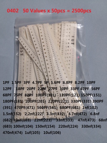 0402 SMD конденсатор 1 пФ до 10 мкФ 50 значений * 50 шт. = 2500 шт. набор образцов керамических конденсаторов, 8 ПФ 10 пФ 101 103 104 334. 470 НФ в ассортименте ► Фото 1/1