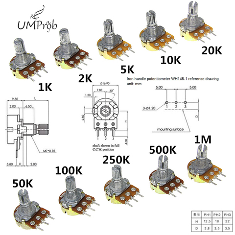 10 шт., линейный потенциометр WH148, B1K, B2K, B5K, B10K, B20K, B50K, B100K, B250K, B500K, B1M, 15 мм, вал с гайками, шайбы, 3pin, WH148 ► Фото 1/4