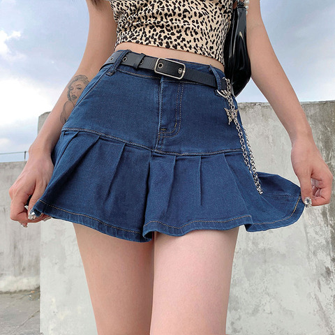 Harajuku в стиле «панк» Y2K джинсовая мини-юбка в складку женские летние джинсовые шорты с высокой талией юбки для женщин с оборками в Корейском стиле ► Фото 1/6