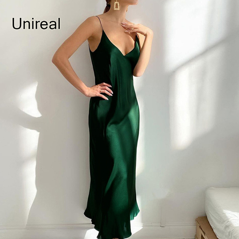 Unireal 2022 летнее женское атласное платье-комбинация платье на тонких бретельках в винтажном стиле; Цвета: зеленый, черный; Пикантные женские шелковые длинные вечерние платья ► Фото 1/6