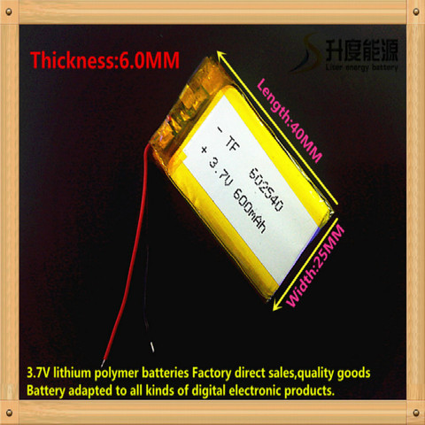 3,7 в, 600 мАч,[602540] полимерная литий-ионная/литий-ионная батарея для записи DVR, MP3,MP4,TOY,GPS, умные часы, Спортивная камера ► Фото 1/1