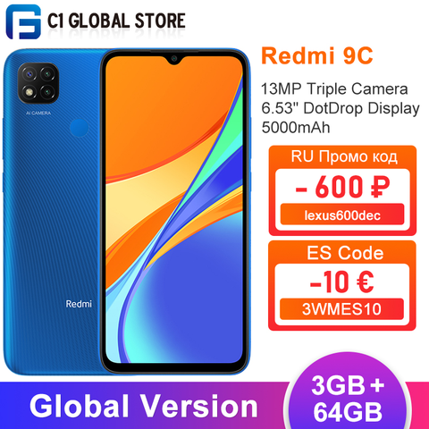 Глобальная версия Xiaomi Redmi 9C, 3 Гб оперативной памяти, 64 Гб Смартфон MTK Helio G35 Octa Core 13MP Тройная камера 6,53 