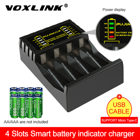 VOXLINK 4 слота зарядное устройство для AAA/AA Аккумуляторная батарея защита от короткого замыкания с Светодиодный индикатор Ni-MH/Ni-Cd зарядное устр... ► Фото 1/6