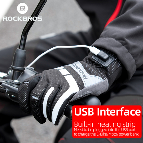 Велосипедные перчатки ROCKBROS Wram для мужчин и женщин, зимние дышащие митенки с USB и сенсорным экраном, для езды на велосипеде, с защитой от ветра ► Фото 1/6