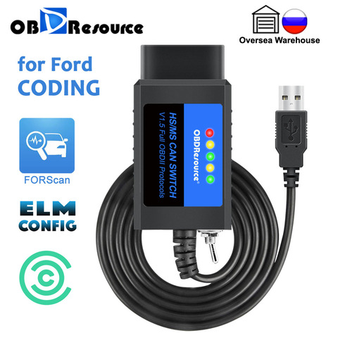 OBDResource ELM327 USB V1.5 FORScan для Ford Mazda Линкольн Меркурий Кодирование ELMconfig FoCCCus Переключатель HS MS CAN F150 F250 F350 F450 ► Фото 1/6