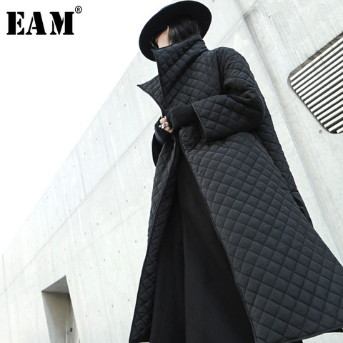 Женское пальто с хлопковой подкладкой EAM, черная длинная свободная парка с длинным рукавом, весна-осень 2022 ► Фото 1/6