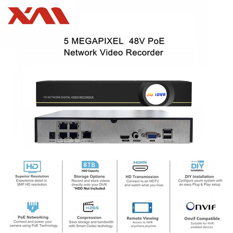 4-канальная система камер домашней безопасности XM PoE NVR, видеорегистратор с поддержкой 5 Мп/4 МП/1080P HD IP P2P ONVIF, система видеонаблюдения ► Фото 1/6