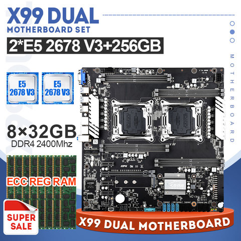 X99 двойная материнская плата combo с 2,5G Serve 2pcs XEON E5 2678 V3 CPU и 8*32GB 2400MHz Ram DDR4 память ECC REG ► Фото 1/6