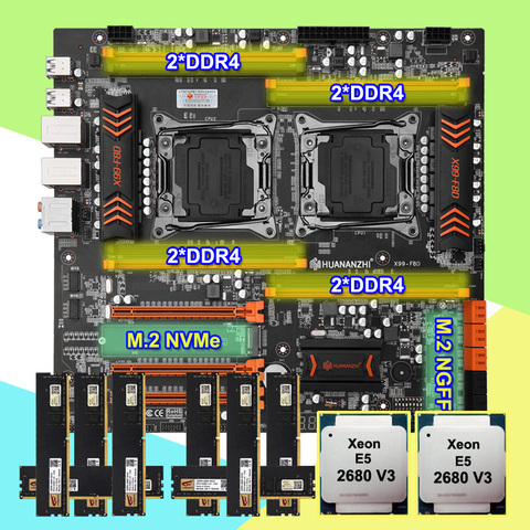 HUANANZHI X99-F8D LGA2011-3 материнская плата с двумя Процессор розетка 2 м. 2 с двумя слотами Xeon E5 2680 V3 Оперативная память 128 г (8*16G) 2400 rec ► Фото 1/6