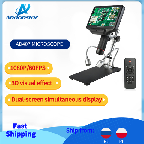 Andonstar1080P/60FPS 3D цифровой/HDMI микроскоп с 7-дюймовым дисплеем, мобильный телефон, ремонт, паяльный инструмент с регулируемой подставкой ► Фото 1/6