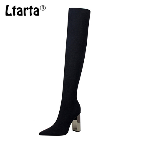 LTARTA 2022 женские длинные сапоги до колена высокие сапоги на высоком квадратном металлическом каблуке пикантные эластичные тонкие шерстяные сапоги с острым носком DS-3128-1 ► Фото 1/5