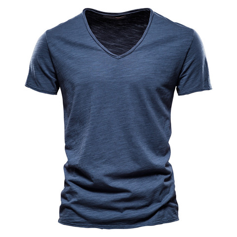 Футболка мужская с V-образным вырезом, брендовая приталенная Однотонная рубашка из 100% хлопка, с коротким рукавом ► Фото 1/6