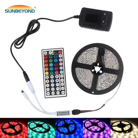 Светодиодная лента RGB, светильник 5050 SMD, 12 в пост. Тока, гибкая лента, 5 м, 10 м, 15 м, Диод с адаптером питания + Bluetooth/музыка/Wi-Fi контроллер ► Фото 1/6