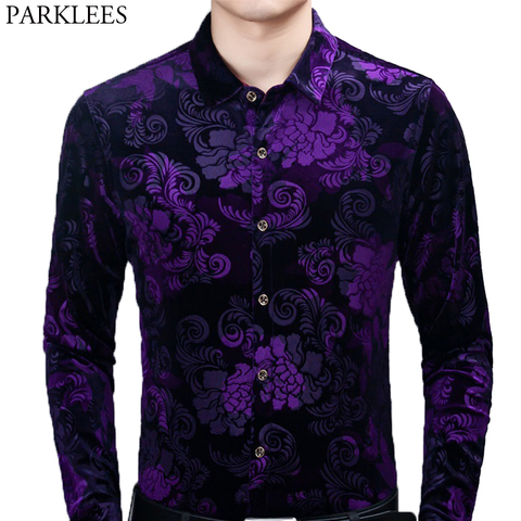 Стильная Фиолетовая рубашка с цветочным принтом для мужчин, новинка 2022, брендовая приталенная бархатная велюровая рубашка, мужская повседневная рубашка с длинным рукавом на пуговицах ► Фото 1/6