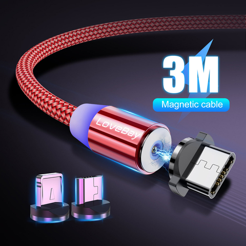 Магнитный кабель Micro USB Lovebay 3 м для iphone, Samsung, Huawei, Xiaomi, телефонный кабель Type-C, магнитное зарядное устройство, провод, шнур, быстрая зарядка ► Фото 1/6