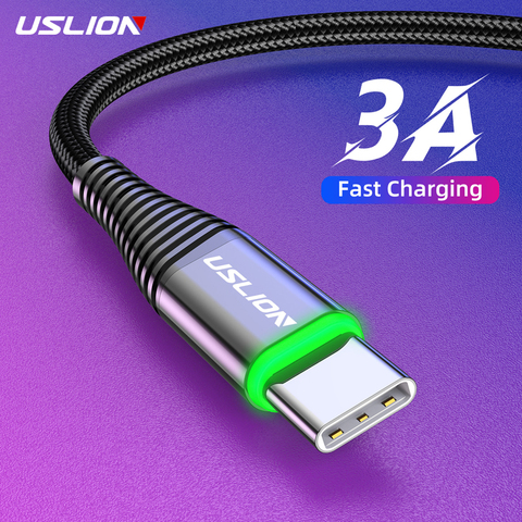 USB Type C кабель USLION, кабель для быстрой зарядки для Samsung Galaxy Xiaomi Huawei Note 7, 0,5 м/1 м/2 м, светодиодный, 3 А, кабель для передачи данных, зарядное устрой... ► Фото 1/6