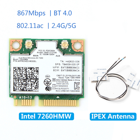 Беспроводная мини-карта PCI-E 7260HMW для Intel AC 7260, Двухдиапазонная, 867 Мбит/с, 802.11ac 2,4G/5G, Bluetooth 4,0 + 2 антенны U.FL IPEX ► Фото 1/6