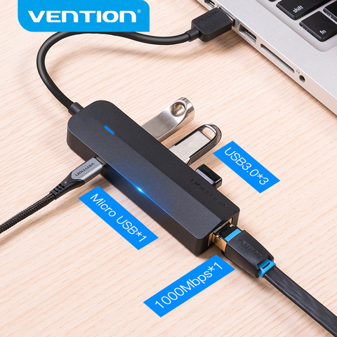 Vention USB Ethernet адаптер USB 3,0 2,0 для RJ45 Gigabit Ethernet с портом зарядного устройства Micro USB для сетевого жесткого диска Ethernet HUB ► Фото 1/6