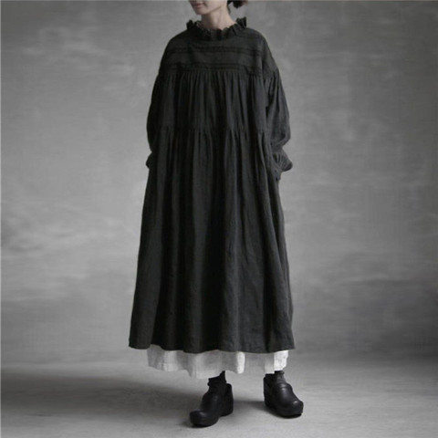 Женское льняное платье с рюшами Johnature, однотонное винтажное платье с вышивкой в японском стиле, для осени и зимы, 2022 ► Фото 1/6