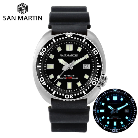 Часы San Martin Diver 6309 Черепаха 20 бар нержавеющая сталь Мужские автоматические механические сапфировые резиновые ремни BGW9 светящиеся ► Фото 1/6
