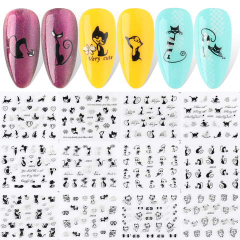 12 дизайнерских наклеек для дизайна ногтей с милыми кошками и бабочками, смешанные Черные и Серебристые 3d-наклейки, декоративные Слайдеры для маникюра, сделай сам, LAJH025-036-1 ► Фото 1/6