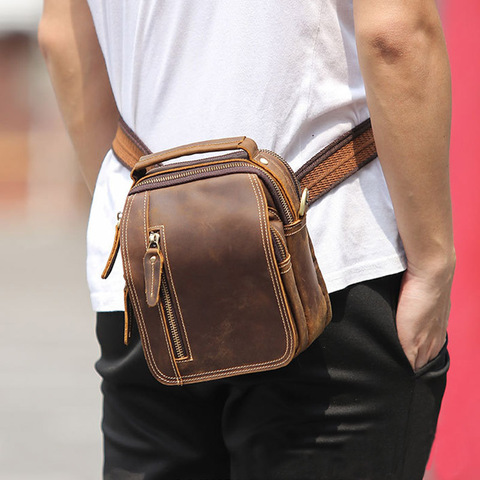 Мини-сумка на плечо для мужчин, сумочка из натуральной кожи Крейзи Хорс с двойным карманом на молнии, маленький мессенджер в винтажном стиле ► Фото 1/6
