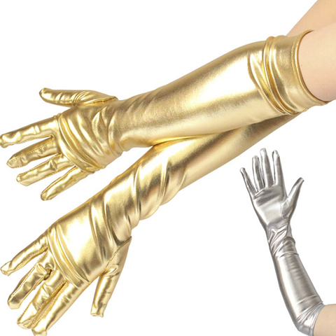 Женские золотые серебряные перчатки металлик из искусственной кожи вечерние рукавицы для выступлений женские сексуальные длинные латексные перчатки длиной до локтя ► Фото 1/6